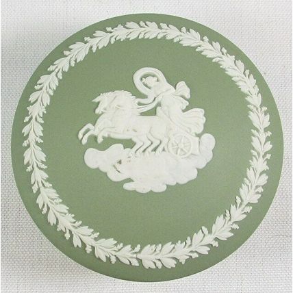 Wedgwood Jasperware Sage Green Round Trinket Box, Horses & Chariot Scene