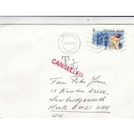 Belgium 1989 Wemmel-Sawbridgeworth Cover written 3-24 Tax Cancelled VGC