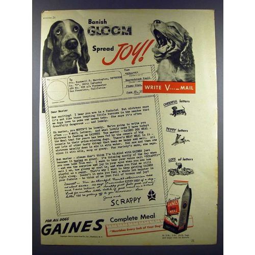 1945 Gaines Dog Food Ad - Banish Gloom, Spread Joy
