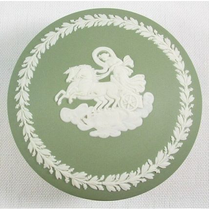 Wedgwood Jasperware Sage Green Round Trinket Box, Horses & Chariot Scene