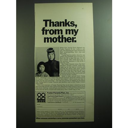 1970 Foster Parents Plan, Inc. Ad - Thanks, from my mother