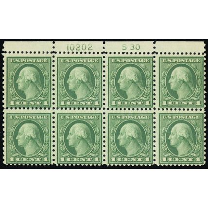 538, Mint NH 1¢ Plate Block of Eight Stamps CV $252 - Stuart Katz