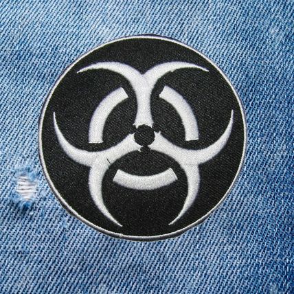 Iron On Badge Embroidered Biohazard Symbol Patch Black White Sew Cloth Logo P475