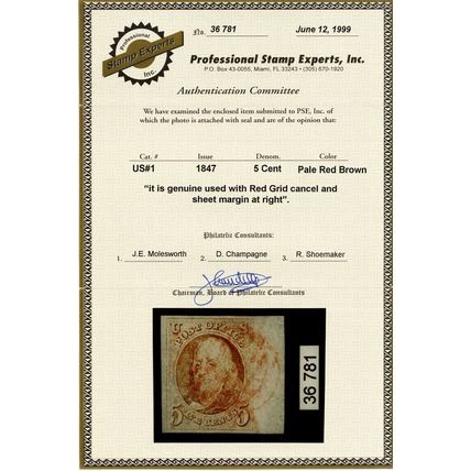 1, Used 5¢ Sheet Margin - Superb - Pale Red Brown Shade PSE Cert - Stuart Katz