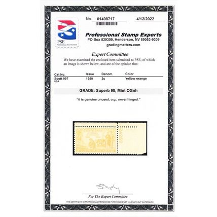 997, Mint Superb NH 3¢ - PSE Graded 98 Certificate - Stuart Katz