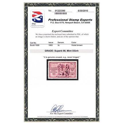 1020, Mint Superb NH 3¢ - PSE Graded 98 Certificate - Stuart Katz