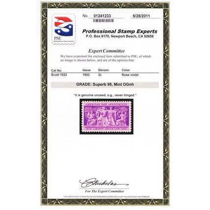 1022, Mint Superb NH 3¢ - PSE Graded 98 Certificate - Stuart Katz
