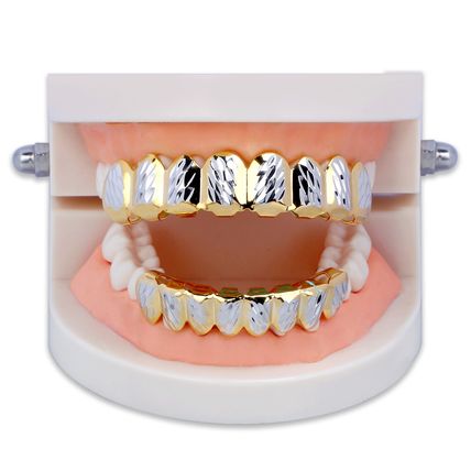 Hip Hop Two Tone Brass Rapper's Bling Teeth Diamond Cut Grillz Top & Bottom Set