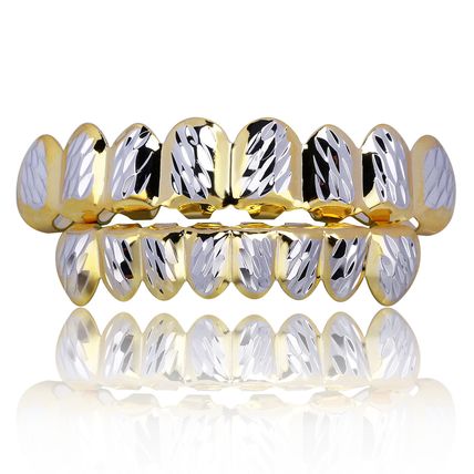 Hip Hop Two Tone Brass Rapper's Bling Teeth Diamond Cut Grillz Top & Bottom Set