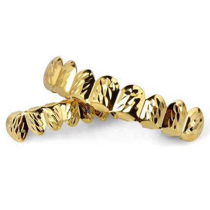 Hip Hop Two Tone Brass Rapper's Bling Teeth Diamond Cut Grillz Top & Bottom Set