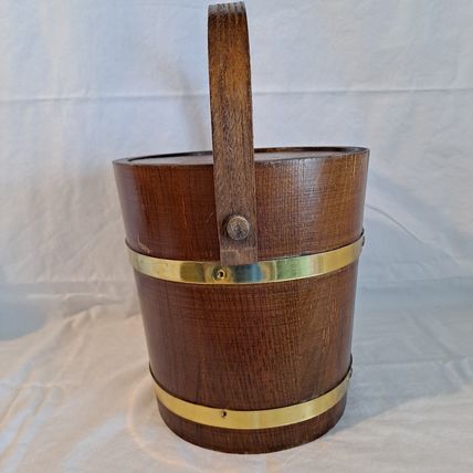 Vintage WOOD ICE BUCKET Barrel Brass Lid & Liner Handle 8" Wooden Barware Holder