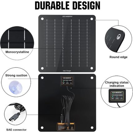 ECO-WORTHY Solar Car Battery & Trickle Charger 5W Solar Panel Power 12V Batterie