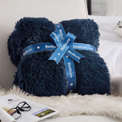 Bedsure Fluffy Navy Blue King Size Blanket for Bed, Thick Soft Sherpa Faux Fur F