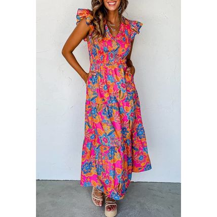 Rose Red Boho Floral V Neck Ruffle Tiered Long Dress
