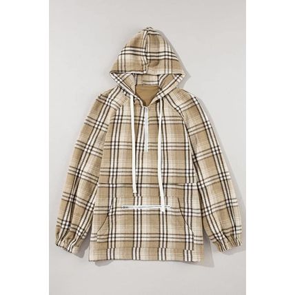 Khaki Printed Zipped Front Pullover Plaid Hoodie