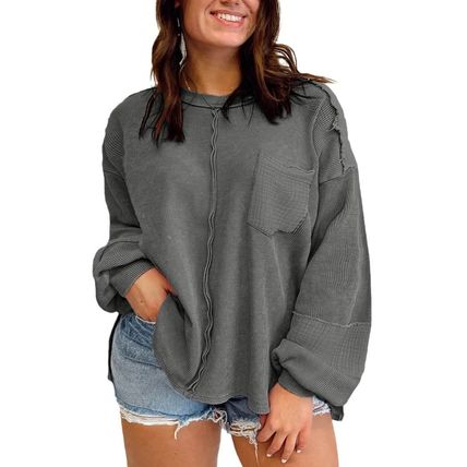 Dark Grey Plus Size Exposed Seam Crinkle Patchwork Top