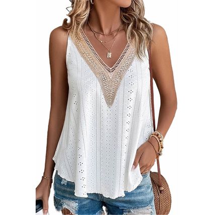 White Lace Crochet Splicing V Neck Loose Fit Tank Top