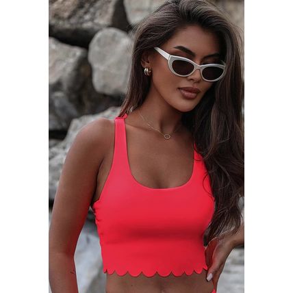 Fiery Red Scalloped Crossed Straps Cropped Bikini Top