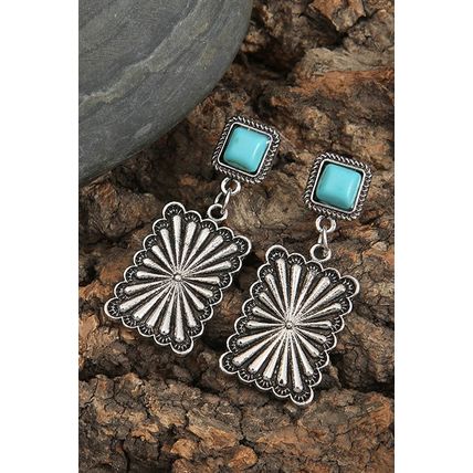 Silvery Retro Western Geometric Turquoise Stud Earrings