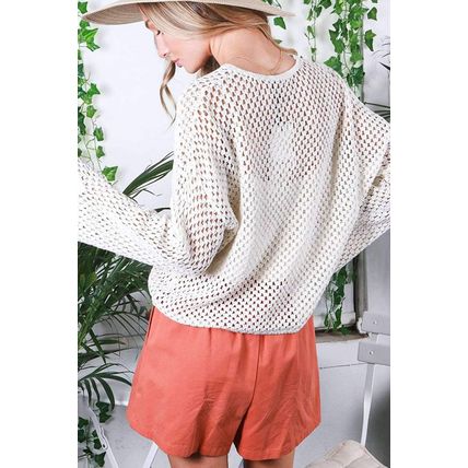 White Open Knit Buttoned Neck Split Sleeve Sweater