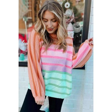 Multicolour Gradient Striped Ribbed Edge Loose Sweater