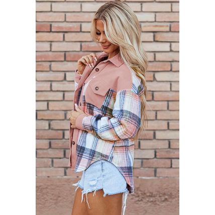 Light Pink Plaid Corduroy Patchwork Chest Pocket Shacket