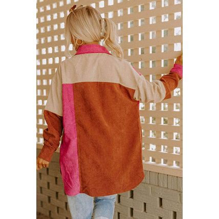 Rose Red Colorblock Curved Hem Corduroy Shacket with Pocket