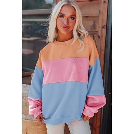 Sky Blue Colorblock Patchwork Drop Shoulder Sweatshirt