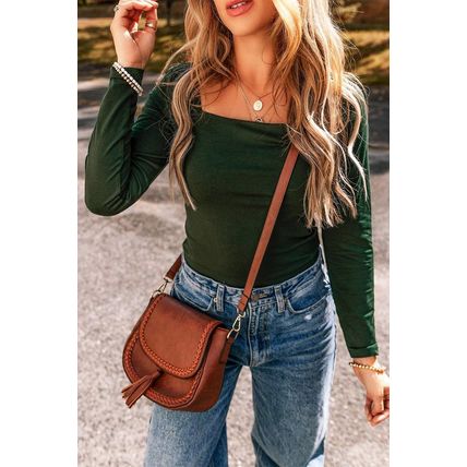 Blackish Green Solid Color Square Neck Long Sleeve Slim Fit Bodysuit