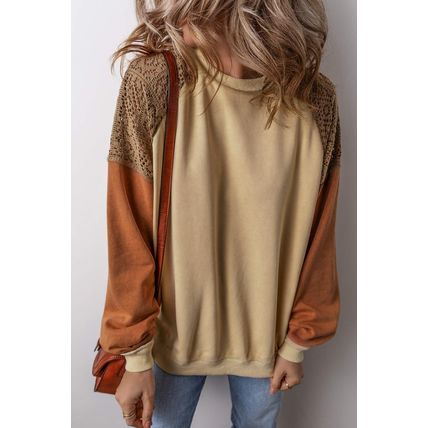 Khaki Lace Patchwork Colorblock Drop Shoulder Sweatshirt