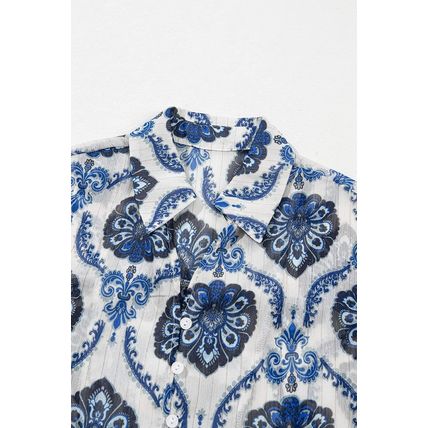 Blue Tribal Pattern Buttoned Front Loose Shirt