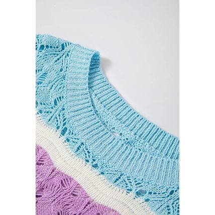 Purple Stripe Color Block Hollow Out Crochet Half Sleeve Sweater