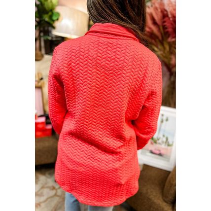 Tomato Red Cable Textured Quarter Zip Pocketed Plus Size Pullover