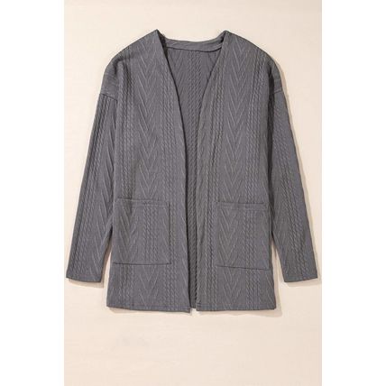 Medium Grey Solid Textured Open Front Cardigan with Pocket