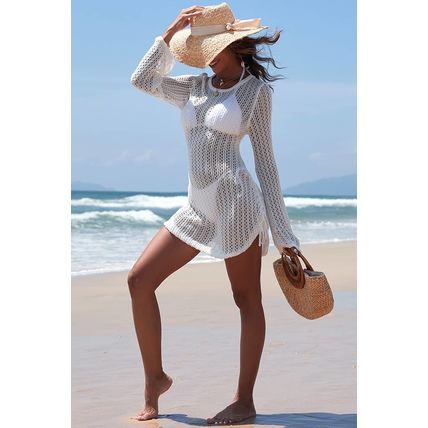 White Hollowout Knit Bell Sleeve Drawstring Short Beach dress
