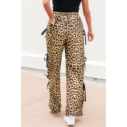 Brown Leopard Print Bow Tie Drawstring Elastic Waist Loose High Waist Pants