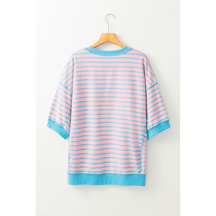 Pink Stripe Easter Rabbit Graphic Contrast Banded Drop Shoulder Tee