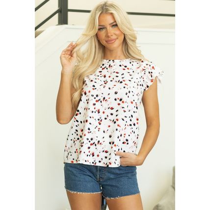 Beige Abstract Print Ruffle Flutter Sleeve Keyhole Back Slim Blouse