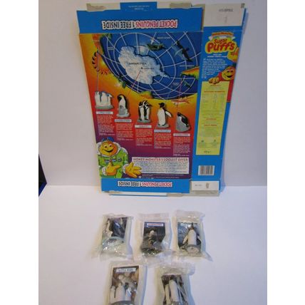 Quaker - Sugar Puffs 1996 Cereal Box & 5 Toy Pocket PENGUIN Figures Sealed