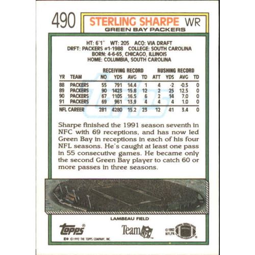 1992 Topps Football Sterling Sharpe #490