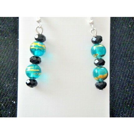 Elegant black crystal and hand painted Asian turquoise glass earrings