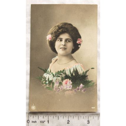 1911 Greetings postcard Woman with Flowers