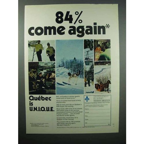 1971 Quebec Canada Tourism Ad - 84% Come Again