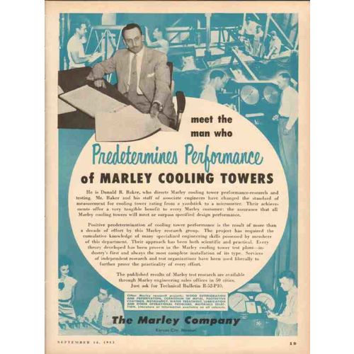 MARLEY COMPANY 1953 Donald Baker performance cooling tower vintage ad