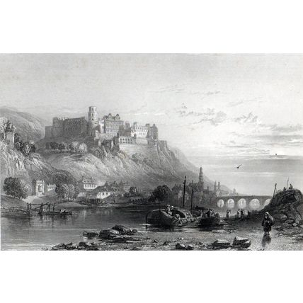 TOWN AND CASTLE OF HEIDELBERG, RHINE 1842 John Cousen ANTIQUE ENGRAVING