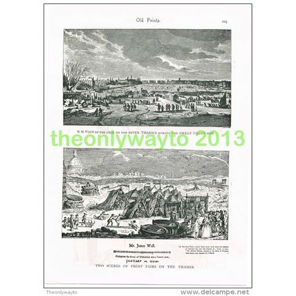 2 SCENES OF FROST FAIRS ON THAMES, LONDON, 1683 & 1719, Book Illustration c1895