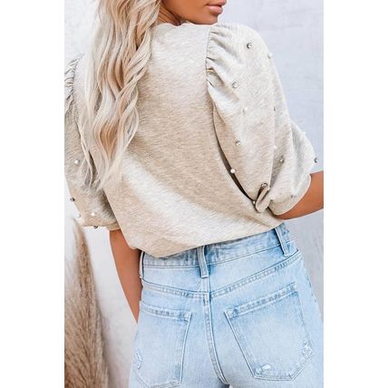 Light Grey Rhinestone Pearl Puff Half Sleeve Top