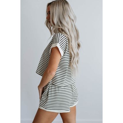 White Stripe Contrast Edge Tee and Shorts Set