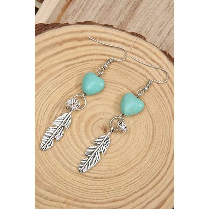 Silvery Turquoise Heart Shape Alloy Feather Drop Earrings
