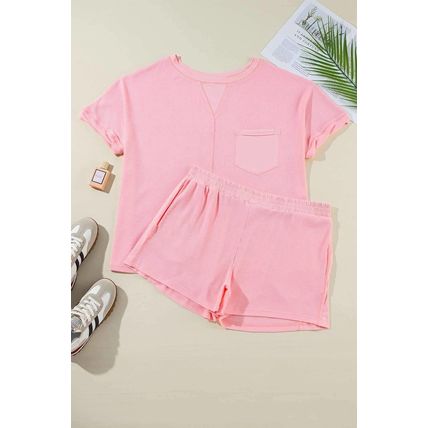 Pink Plus Size Ribbed Exposed Seam Tee and Shorts Set